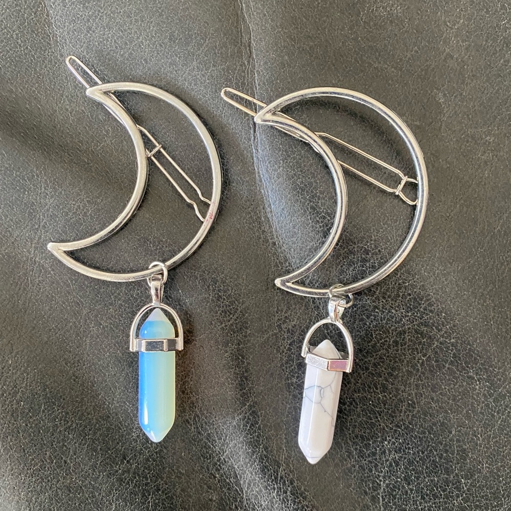 Set of two moon barrettes with crystals!